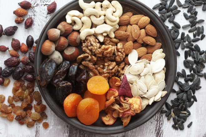 Raw nuts, seeds, and dried fruit